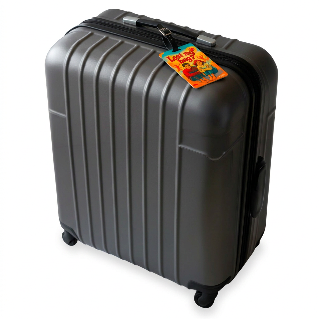 Digitaler Kofferanhänger Lost My Bag am Koffer befestigt