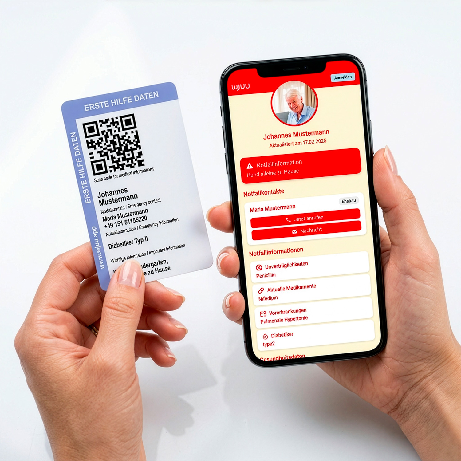 Wjuu Diabetikerausweis im Scheckkartenformat mit QR-Code und digitalem Profil
