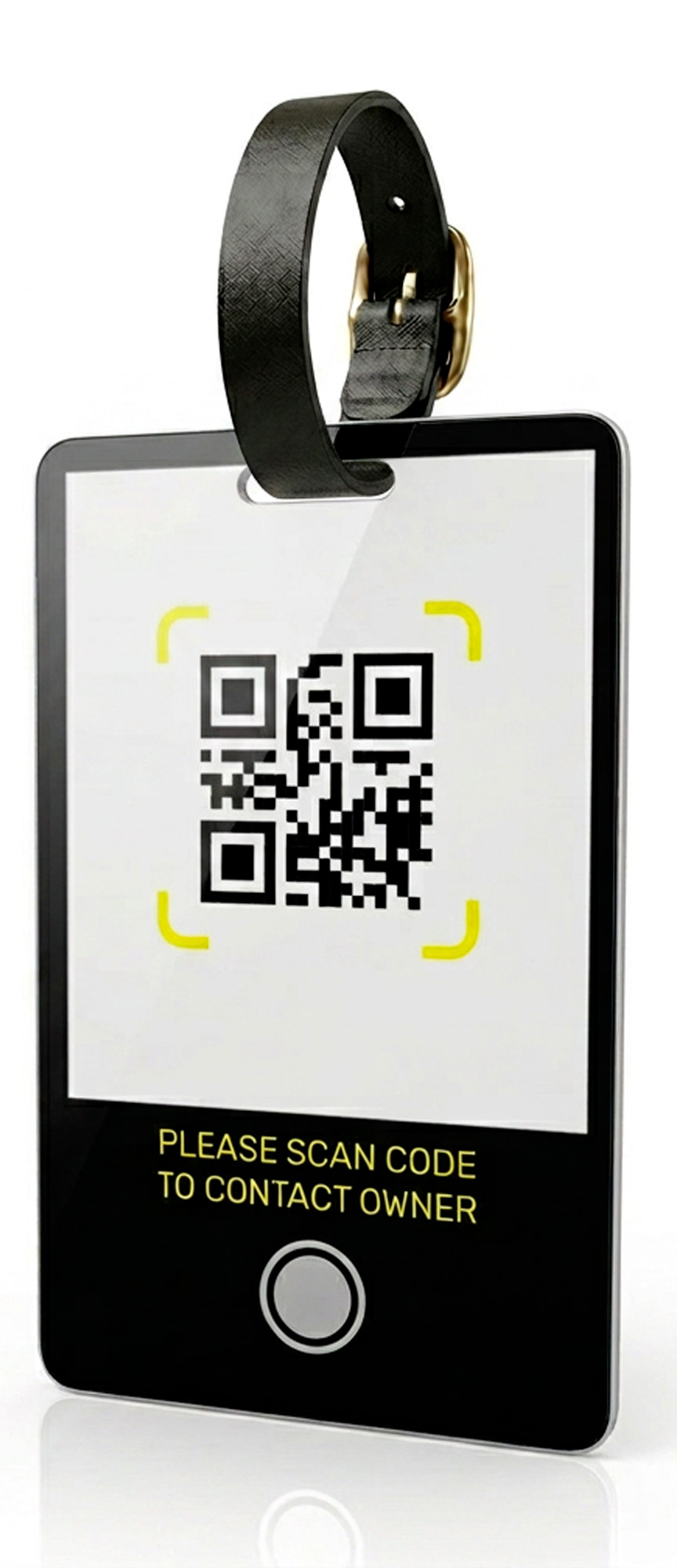 Digitaler Kofferanhänger Rückseite mit QR-Code und Riemen