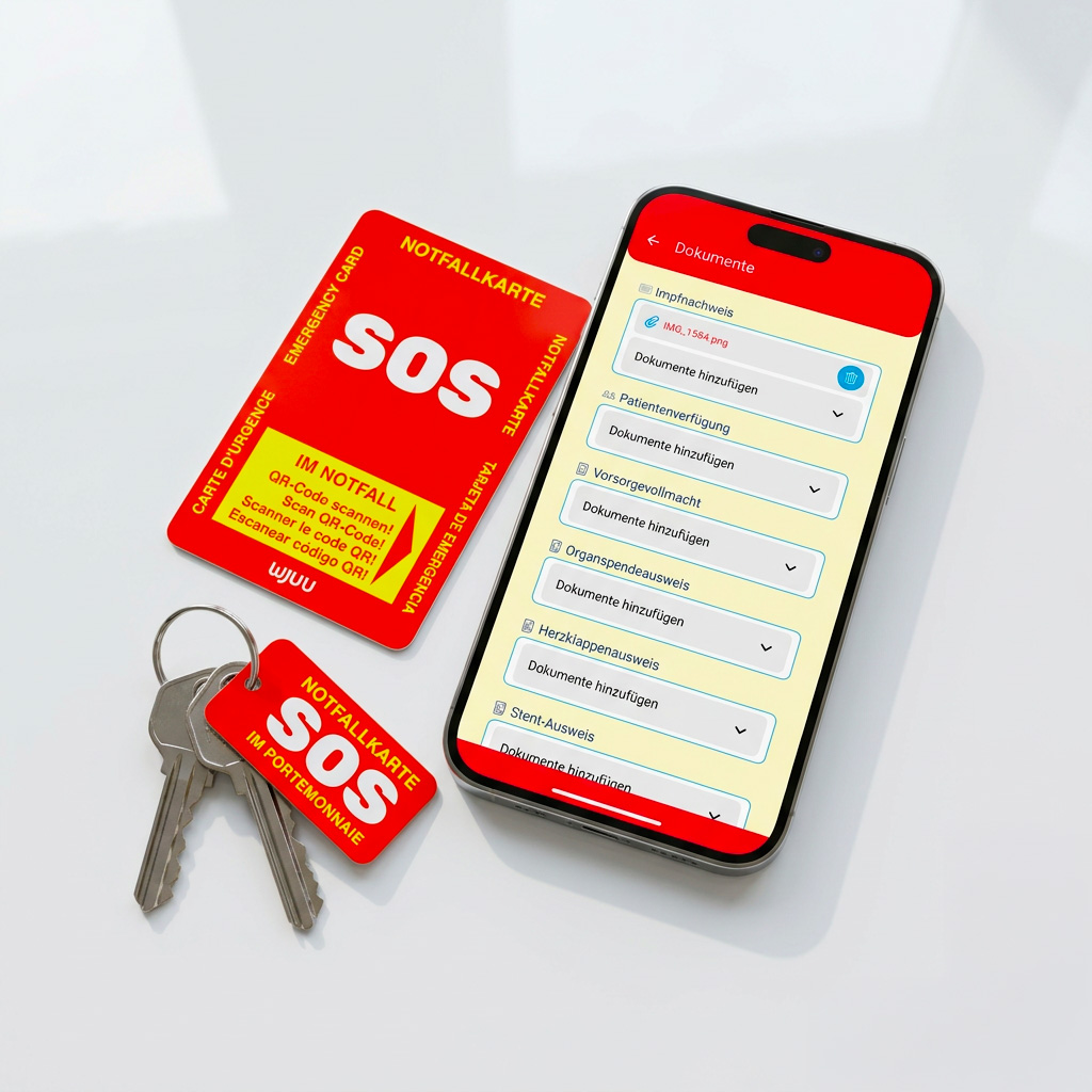 Wjuu Notfallkarte Scheckkarte und SOS-Schlüsselanhänger neben Smartphone mit digitalem Notfallprofil und Dokumenten-Uploads