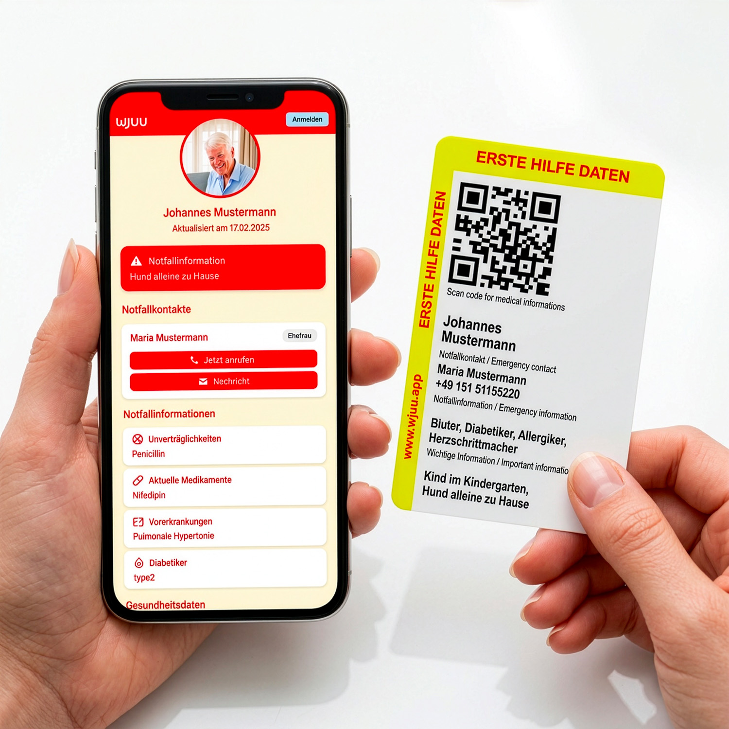 Wjuu Notfallkarte im Scheckkartenformat mit QR-Code und digitalem Notfallprofil