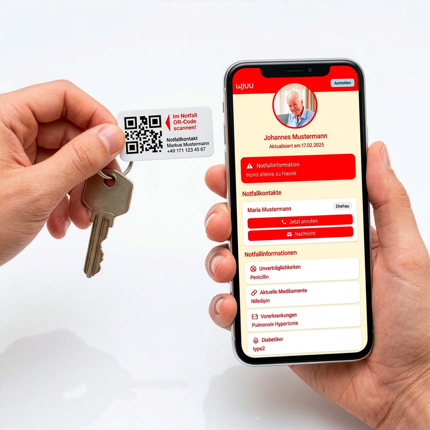 Wjuu Notfall-Schlüsselanhänger im 3er-Set mit QR-Code und digitalem Notfallprofil
