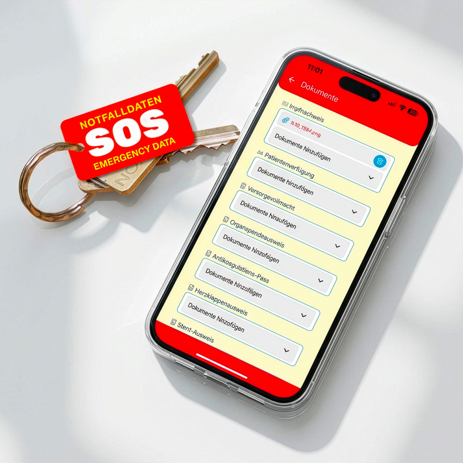 Wjuu Notfall-Schlüsselanhänger neben Smartphone mit digitalem Profil und Notfalldaten