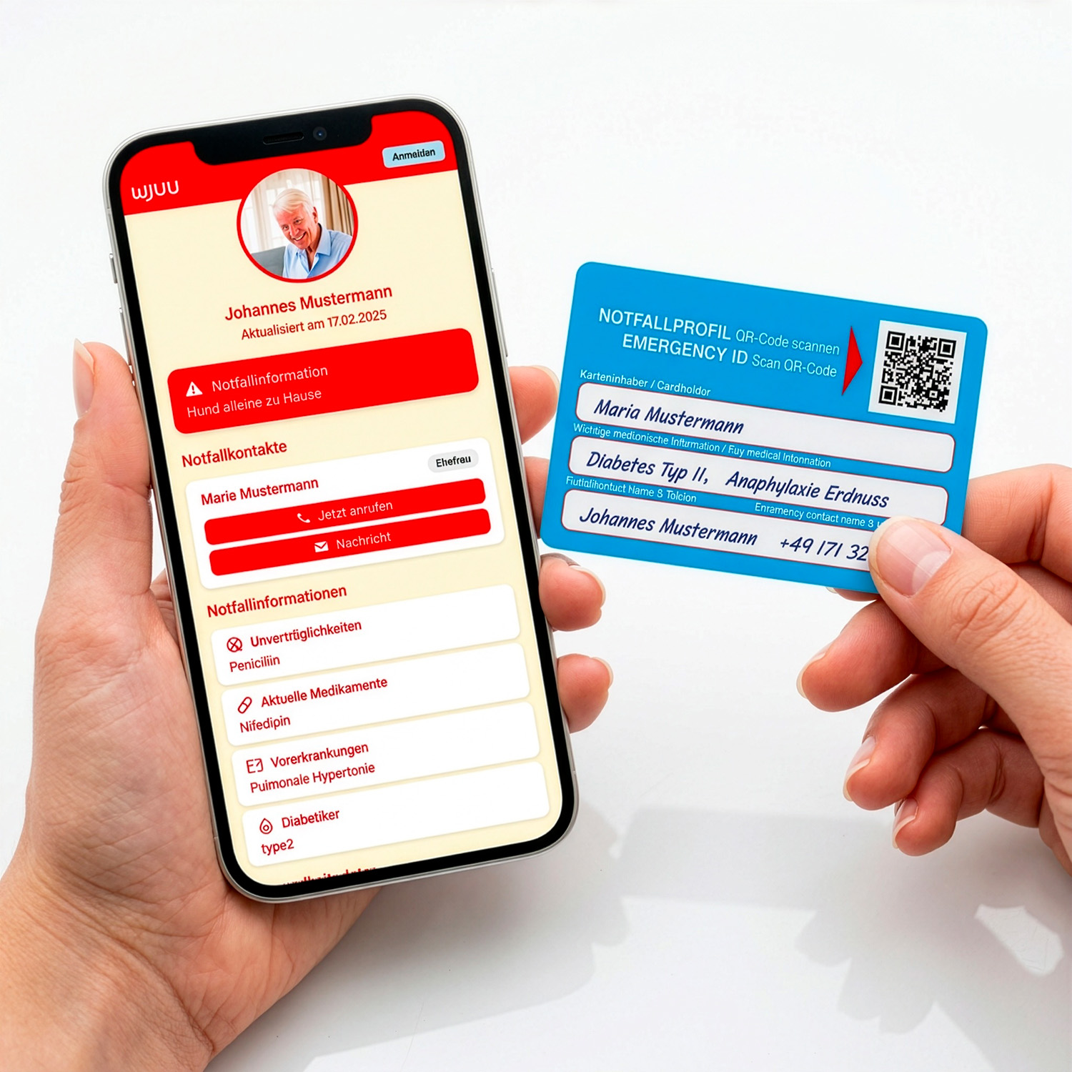 Hände halten Wjuu SOS-Notfallkarte mit Schreibfeldern und Smartphone mit digitalem Notfallprofil